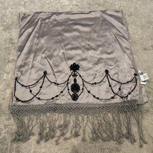 Sue Wong SILK Scarf Shawl Runner Large Hand Beaded Platinum Silver Grey Black 3